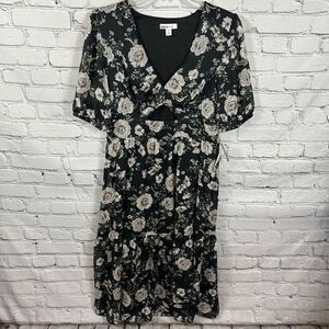 NWT Bar III Women’s Floral Print Dress Cut Out Puffed Sleeve Black Combo M